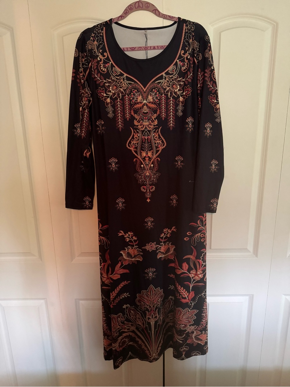 Black Long-Sleeve Maxi Dress with Copper Floral Print